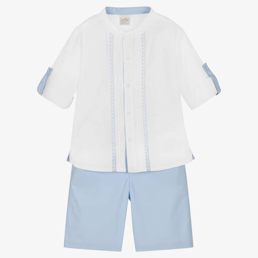 Pretty Originals-Boys White & Blue Cotton Shorts Set | Childrensalon Outlet