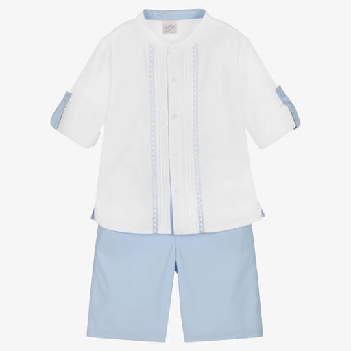 Pretty Originals-Boys White & Blue Cotton Shorts Set | Childrensalon Outlet