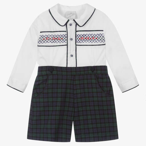 Pretty Originals-Boys White & Green Tartan Buster Suit | Childrensalon Outlet