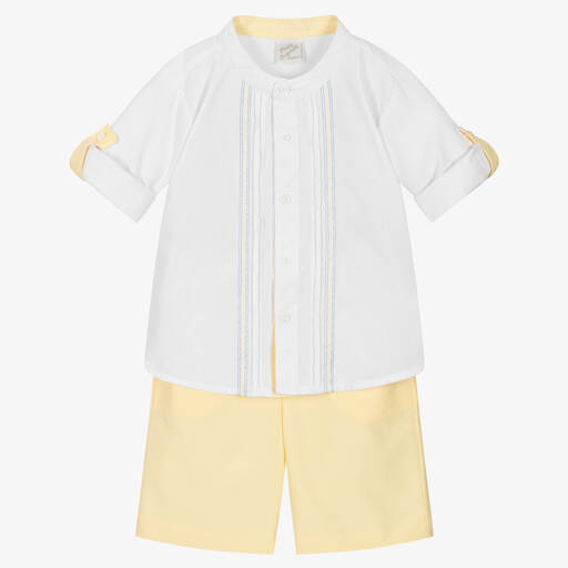 Pretty Originals-Boys White & Yellow Cotton Shorts Set | Childrensalon Outlet