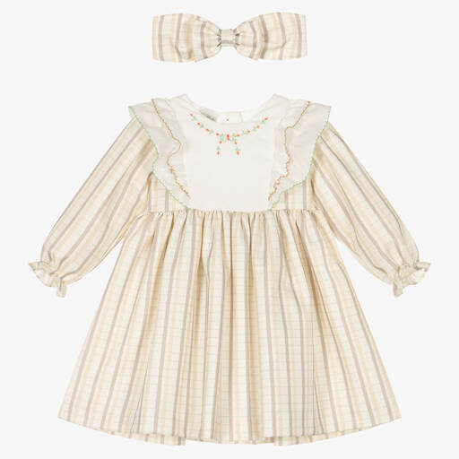 Pretty Originals-Girls Beige Striped Dress Set | Childrensalon Outlet