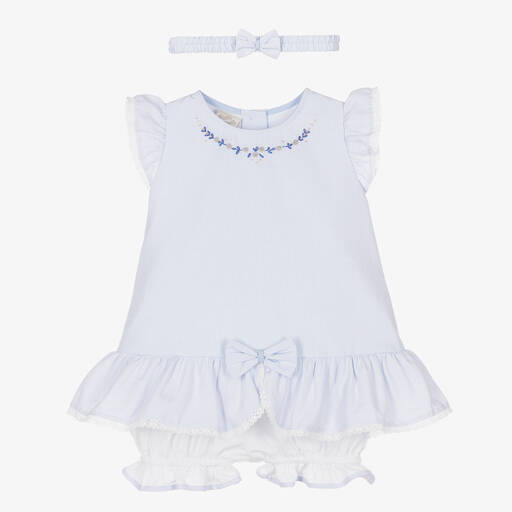 Pretty Originals-Girls Blue Cotton Pinstripe Dress Set | Childrensalon Outlet