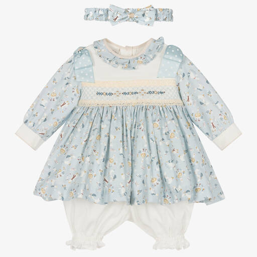Pretty Originals-Girls Blue Cotton Smocked Dress Set | Childrensalon Outlet