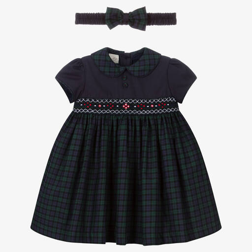 Pretty Originals-Girls Blue Tartan Hand-Smocked Dress Set | Childrensalon Outlet