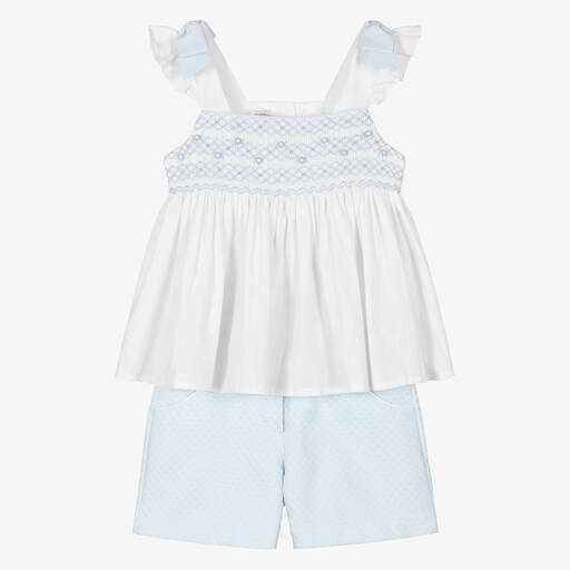 Pretty Originals-Girls Blue & White Smocked Cotton Shorts Set | Childrensalon Outlet