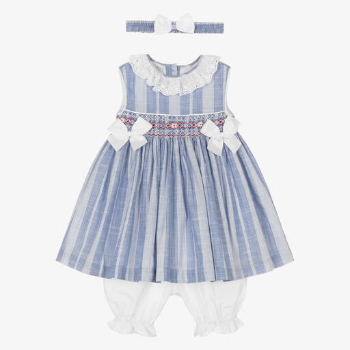Pretty Originals-طقم فستان قطن مقلم أزرق وأبيض | Childrensalon Outlet