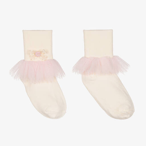 Pretty Originals-Girls Ivory & Pink Tulle Socks  | Childrensalon Outlet