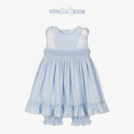 Pretty Originals-Girls Light Blue Smocked Cotton Dress Set | Childrensalon Outlet