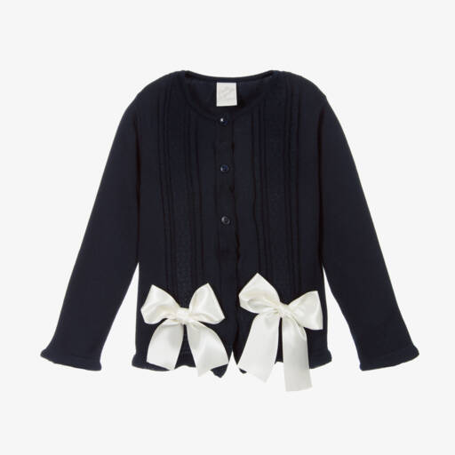Pretty Originals-Girls Navy Blue Cotton Knit Cardigan with Ribbon Bows | Childrensalon Outlet