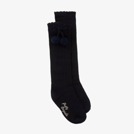 Pretty Originals-Girls Navy Blue Pom-Pom Cotton Socks | Childrensalon Outlet