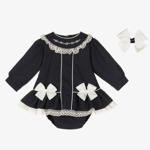 Pretty Originals-Girls Navy Blue & White Dress Set | Childrensalon Outlet