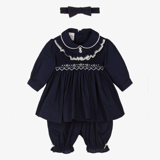 Pretty Originals-طقم فستان تطريز سموك لون كحلي للمولودات | Childrensalon Outlet