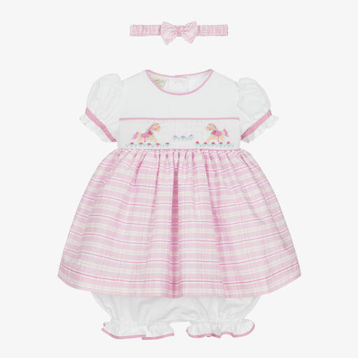 Pretty Originals-Girls Pink Check Smocked Dress Set | Childrensalon Outlet