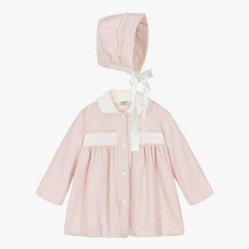 Pretty Originals-Girls Pink Cotton Coat & Bonnet Set | Childrensalon Outlet