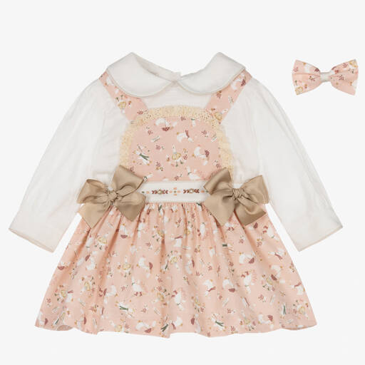 Pretty Originals-Girls Pink Cotton Ducks Pinafore Dress Set | Childrensalon Outlet
