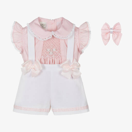 Pretty Originals-Girls Pink & White Hand-Smocked Shorts Set | Childrensalon Outlet