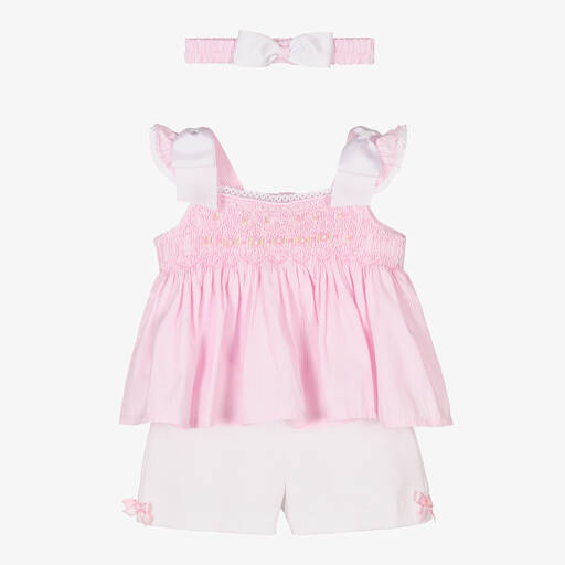 Pretty Originals-Girls Pink & White Smocked Cotton Shorts Set | Childrensalon Outlet