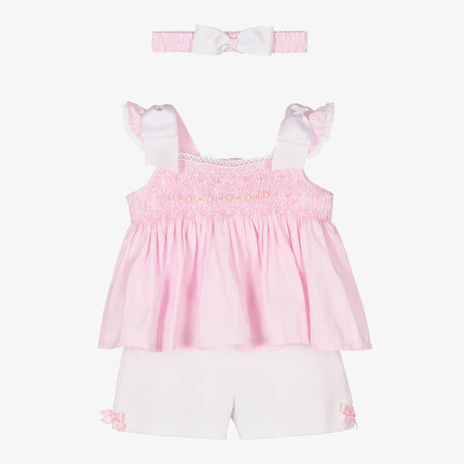 Pretty Originals-Ensemble short rose et blanc smocké | Childrensalon Outlet