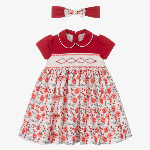 Pretty Originals-طقم فستان بطبعة ورود مطرز سموكينغ لون أحمر | Childrensalon Outlet