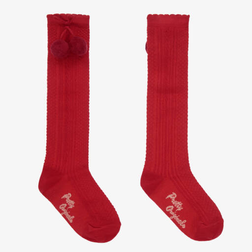Pretty Originals-Girls Red Pom-Pom Cotton Socks | Childrensalon Outlet