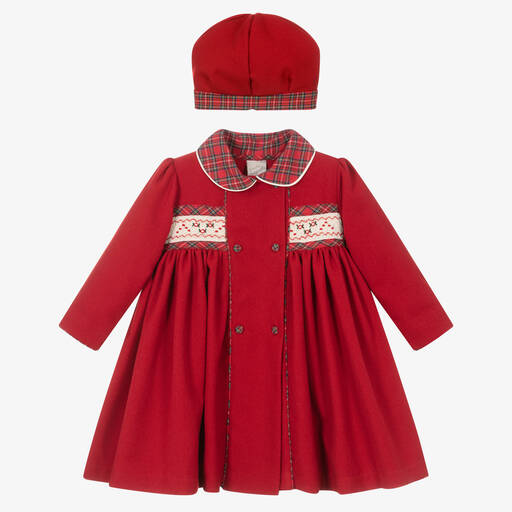 Pretty Originals-Красное пальто и шапочка с деталями в клетку  | Childrensalon Outlet