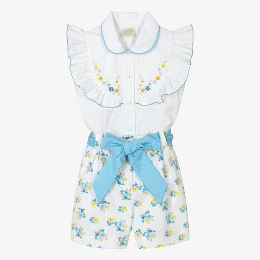 Pretty Originals-بِدلة رسمية قطن لون أبيض وأزرق بطبعة ورود | Childrensalon Outlet