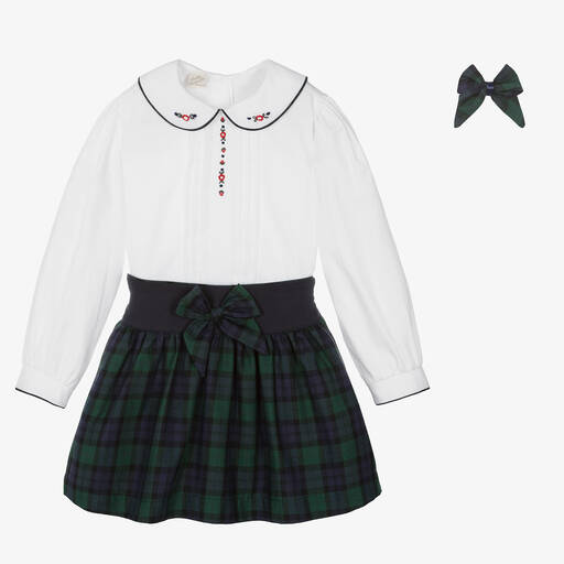 Pretty Originals-Белая блузка и зеленая юбка в клетку | Childrensalon Outlet