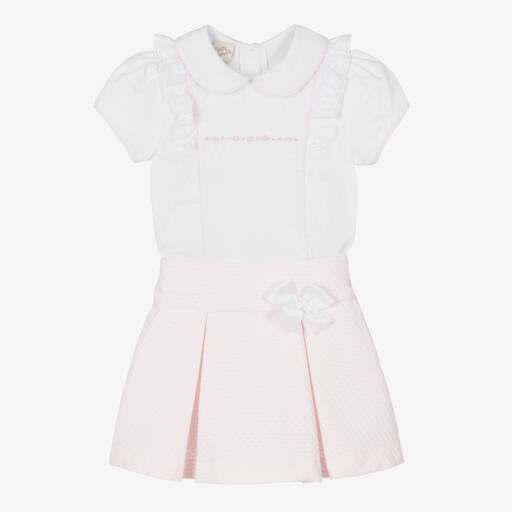 Pretty Originals-Girls White & Pink Cotton Skirt Set | Childrensalon Outlet