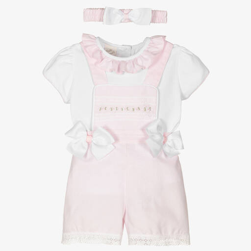 Pretty Originals-Girls White & Pink Dungaree Shorts Set | Childrensalon Outlet