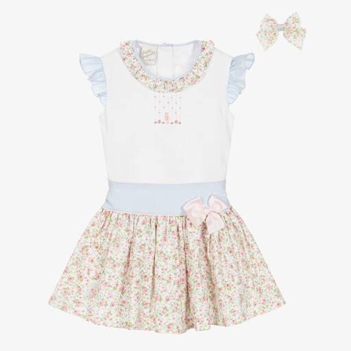 Pretty Originals-طقم تنورة قطن لون أبيض وزهري بطبعة ورود | Childrensalon Outlet