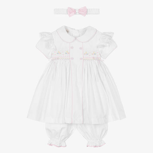 Pretty Originals-Girls White & Pink Smocked Dress Set | Childrensalon Outlet