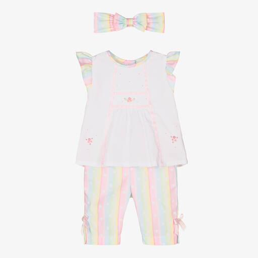 Pretty Originals-Girls White & Pink Striped Trouser Set | Childrensalon Outlet