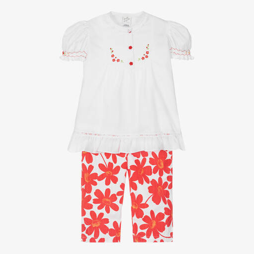 Pretty Originals-Girls White & Red Floral Trouser Set | Childrensalon Outlet