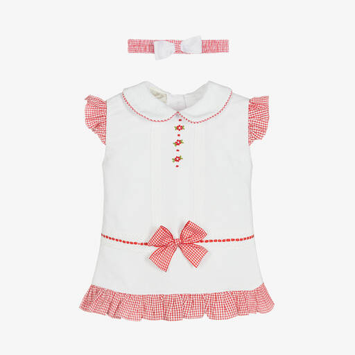 Pretty Originals-طقم فستان أطفال بناتي قطن لون أبيض وأحمر | Childrensalon Outlet