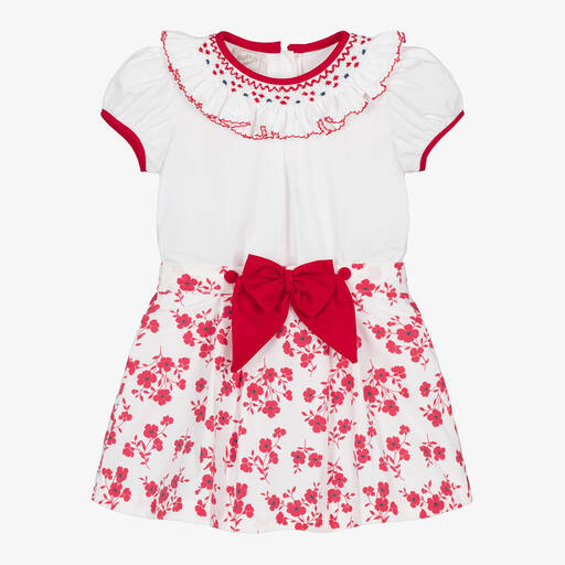 Pretty Originals-Girls White & Red Hand-Smocked Skirt Set | Childrensalon Outlet