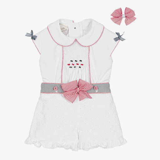 Pretty Originals-Girls White Smocked Cotton Buster Suit Set | Childrensalon Outlet
