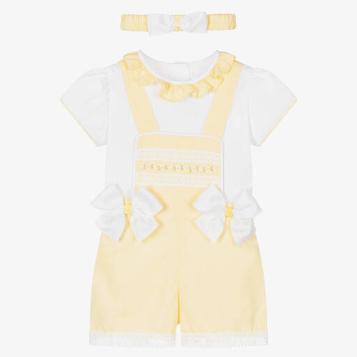 Pretty Originals-Girls White & Yellow Dungaree Shorts Set | Childrensalon Outlet