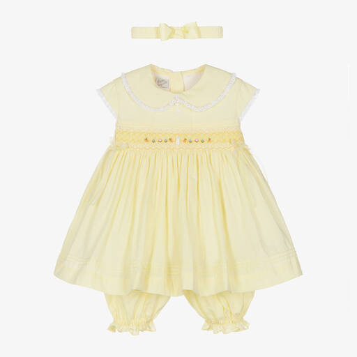 Pretty Originals-Girls Yellow Smocked Cotton Dress Set | Childrensalon Outlet