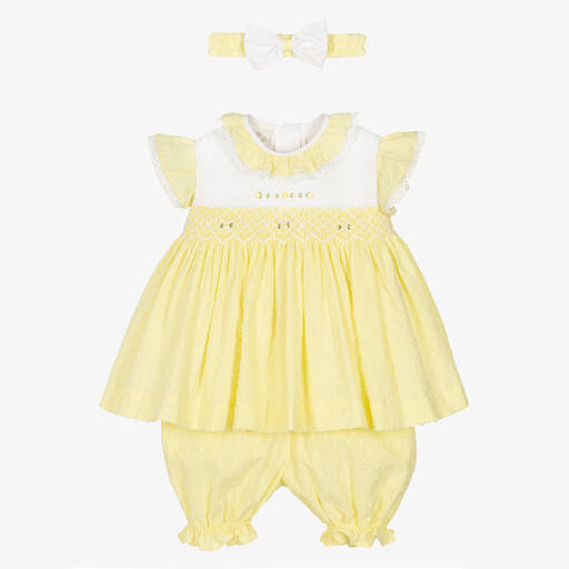 Pretty Originals-Girls Yellow Smocked Cotton Dress Set | Childrensalon Outlet