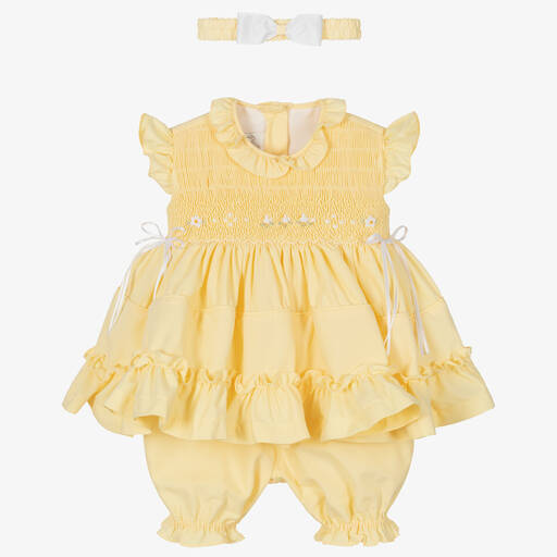 Pretty Originals-Girls Yellow Smocked Dress Set | Childrensalon Outlet