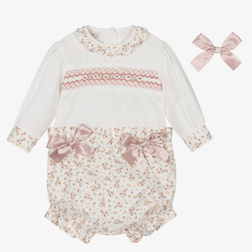 Pretty Originals-Ivory & Pink Hand-Smocked Floral Shorts Set | Childrensalon Outlet