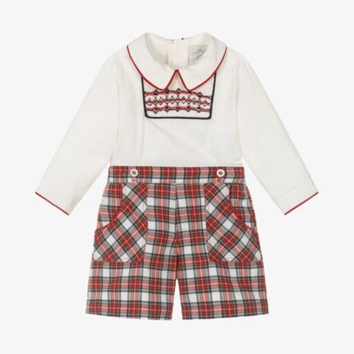 Pretty Originals-بدلة رسمية أطفال ولادي تارتان تطريز سموك لون أحمر وعاجي | Childrensalon Outlet