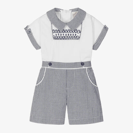 Pretty Originals-White & Blue Check Smocked Buster Suit | Childrensalon Outlet