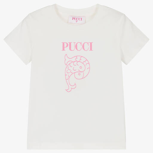 PUCCI-Girls Ivory Organic Cotton T-Shirt | Childrensalon Outlet