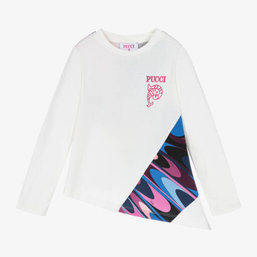 PUCCI-Girls White Asymmetric Print Top | Childrensalon Outlet
