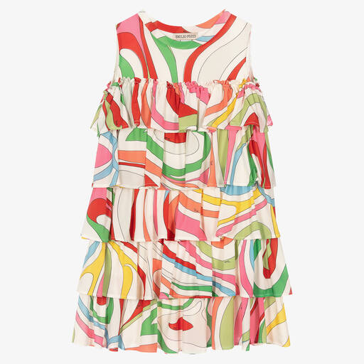 PUCCI-فستان بطبقات فيسكوز جيرسي لون أبيض بطبعة مارمو | Childrensalon Outlet