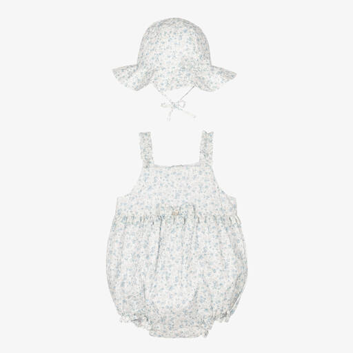 Pureté Du... Bébé-Baby Girls Blue Floral Shortie & Hat Set | Childrensalon Outlet