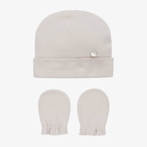 Pureté Du... Bébé-Beige Cotton Hat & Mittens Set | Childrensalon Outlet