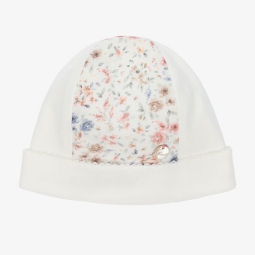 Pureté Du... Bébé-Elfenbeinfarbene Baumwoll-Babymütze mit Blumen | Childrensalon Outlet