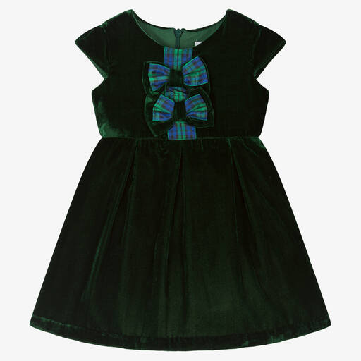 Rachel Riley-Baby Girls Green Velvet Tartan Bow Dress | Childrensalon Outlet